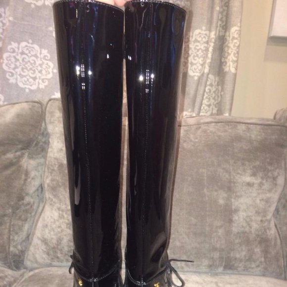 CHANEL 15A Patent Calf Leather Knee High Tall Lace Up Boots Shoes - Picture 7 of 16